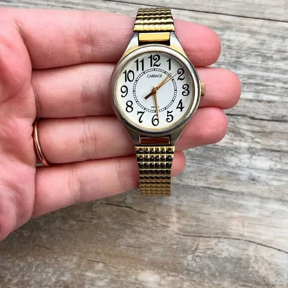 Carriage Gold Stretch Watch White Dial Arabic Numerals Classic Vintage Antique - Picture 3 of 9